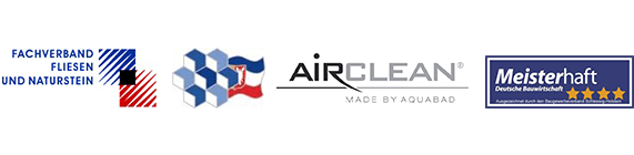 Symbole der Zertifizierungen als Meister- und Ausbildungsbetrieb sowie Mitglied des Fachverbandes Fliesen und Naturstein und Baugewerbeverbandes.